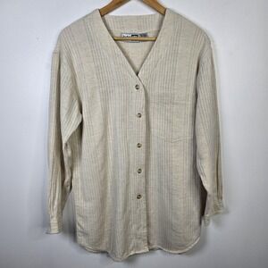 Krazy Kat Shirt Mens‎ Medium Beige Button Up Cotton Linen Blend Textured Casual